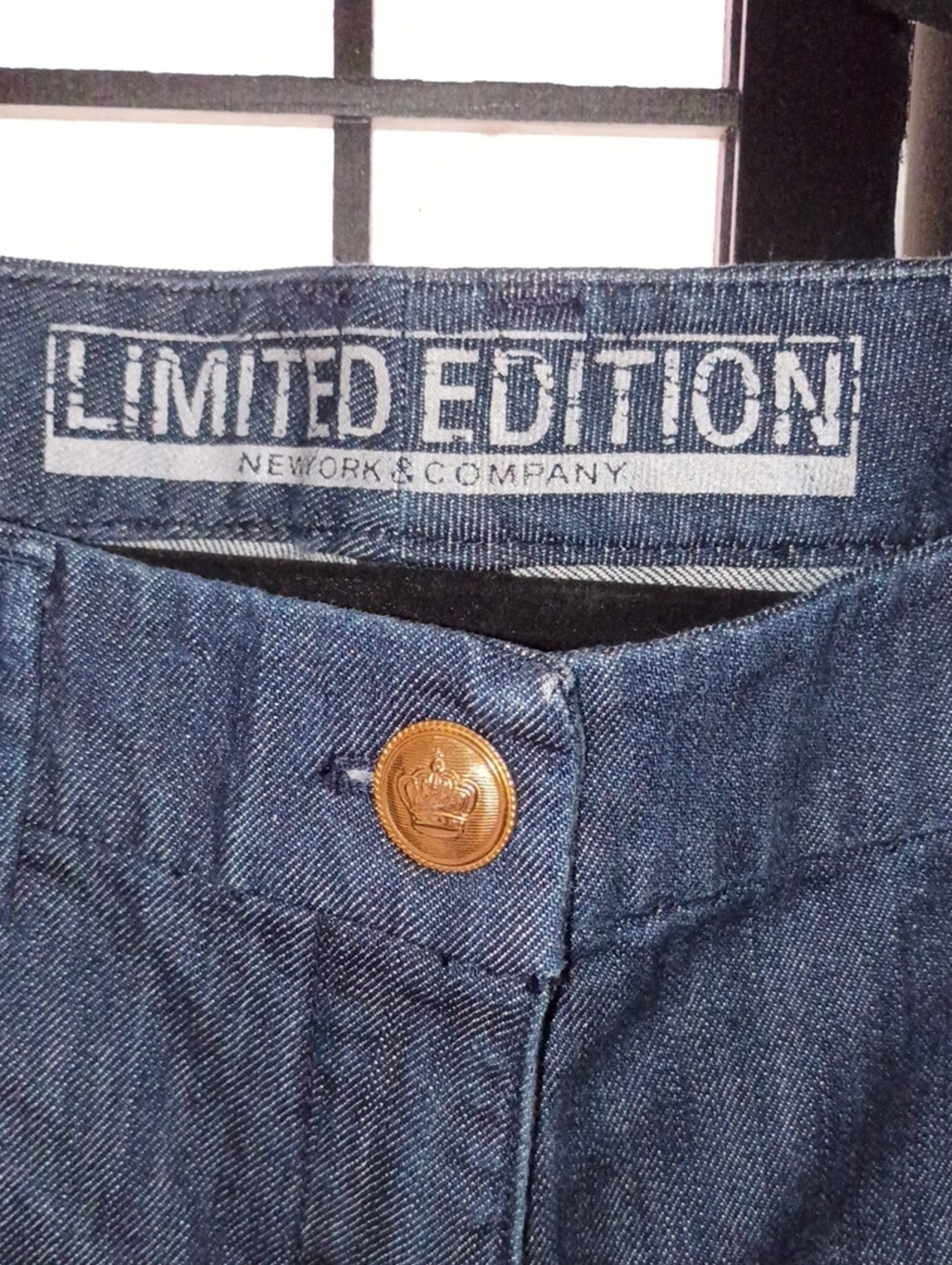 New York & Company Limited Edition Straight Jeans in Dark Blue with Gold Button
